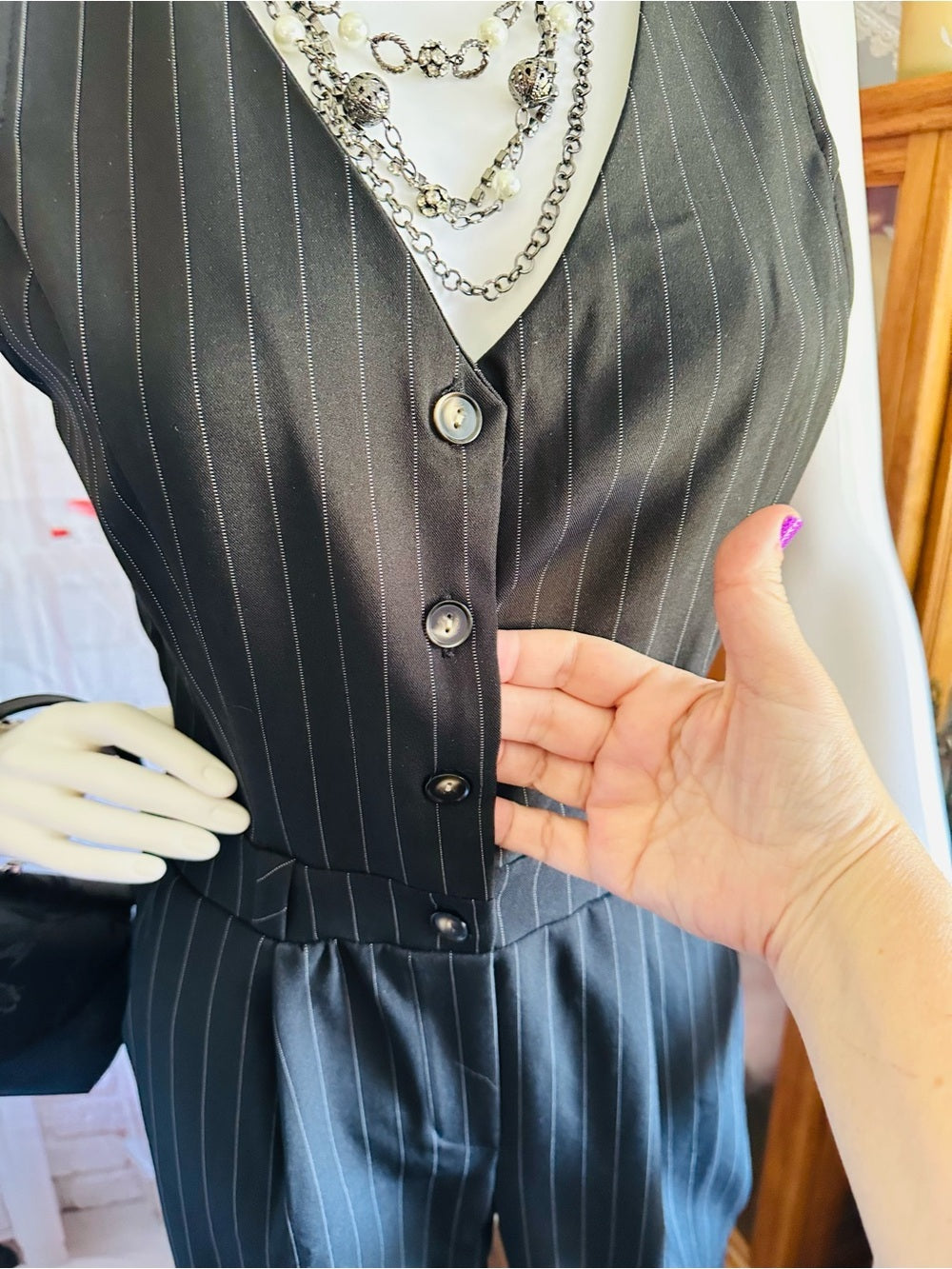 Monteau Black Pinstripe Sleeveless Wide Leg Jumpsuit