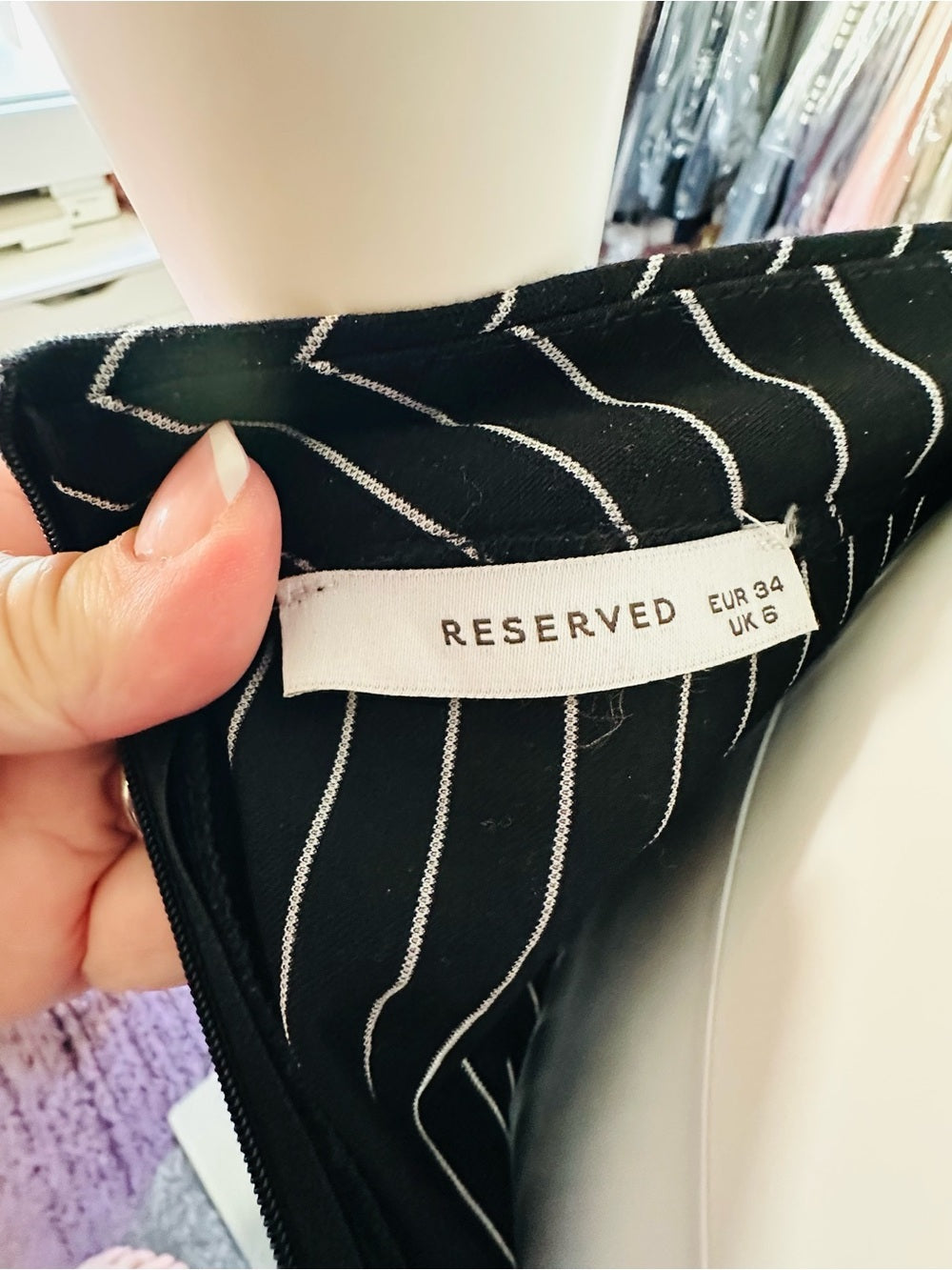 Reserved Black White Pinstripe Belted Button Front Midi Skirt EU 34