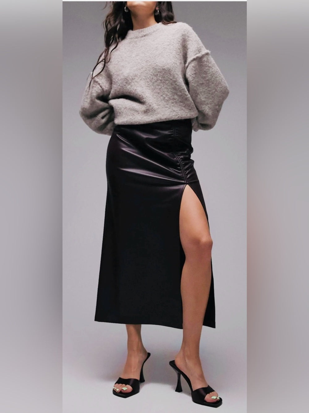 Topshop Side Ruched Faux Leather Midi Skirt