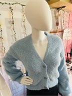 No Boundaries Blue Fuzzy Button Front Cropped Cardigan