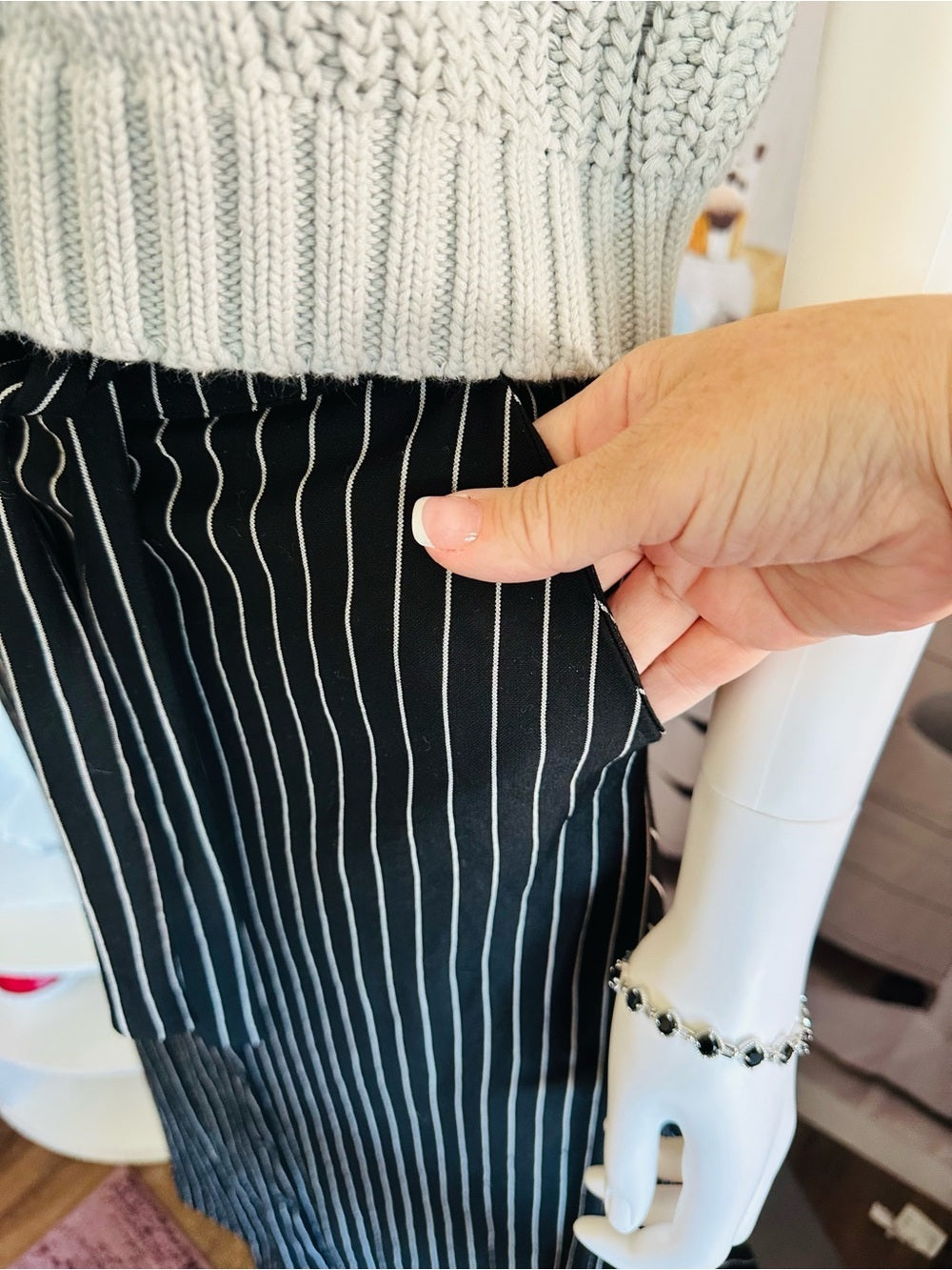 Reserved Black White Pinstripe Belted Button Front Midi Skirt EU 34