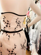 Jessica McClintock White Strapless Dress with Black Floral Embroidery