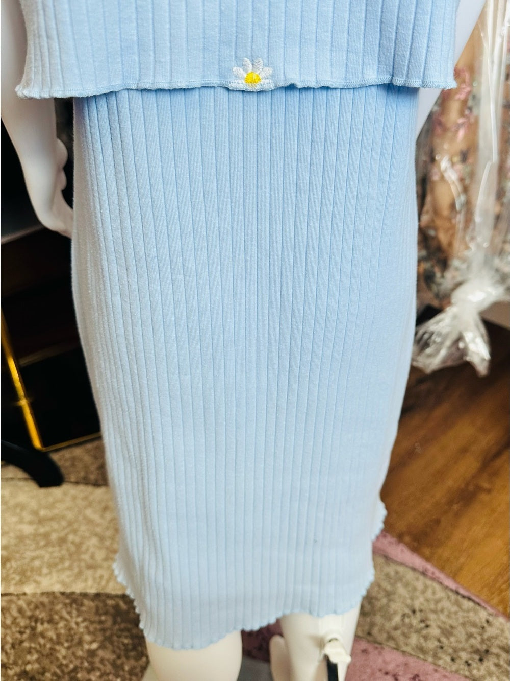 Btween Girls Blue Daisy Ribbed Dress & Matching Tie-Front Shrug Set