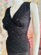 Agenda Black Floral Lace V Neck Fitted Tank Top