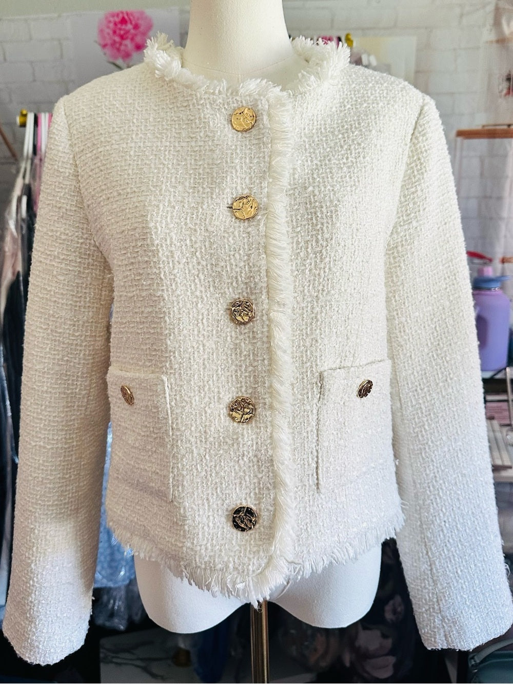 Rachel Zoe Ivory Tweed Fringe Gold Button Blazer