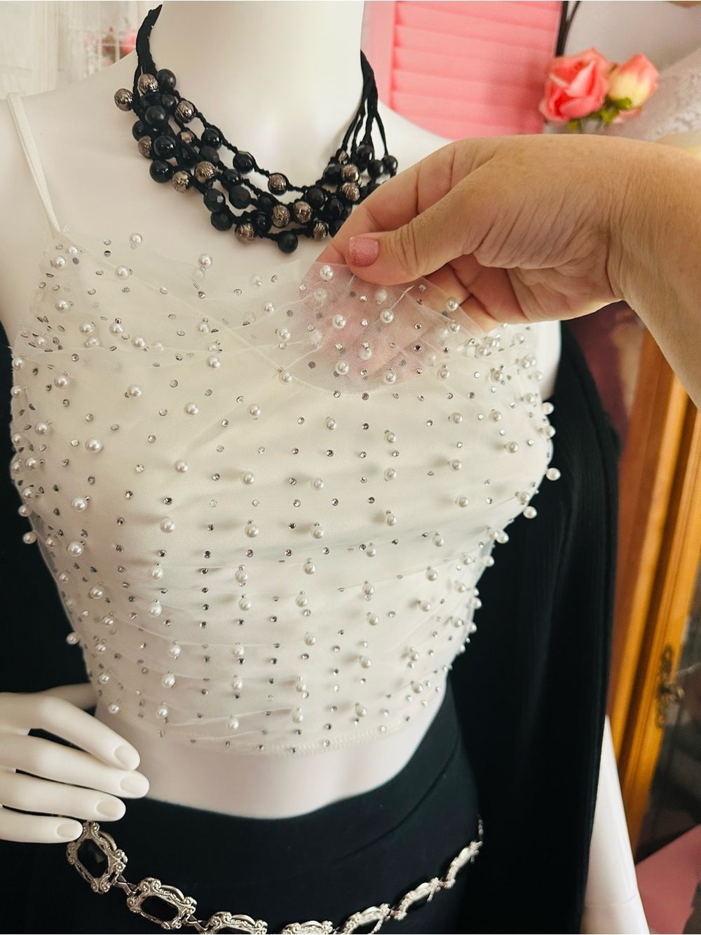 Windsor White Faux Pearl Rhinestone Embellished Crop Top