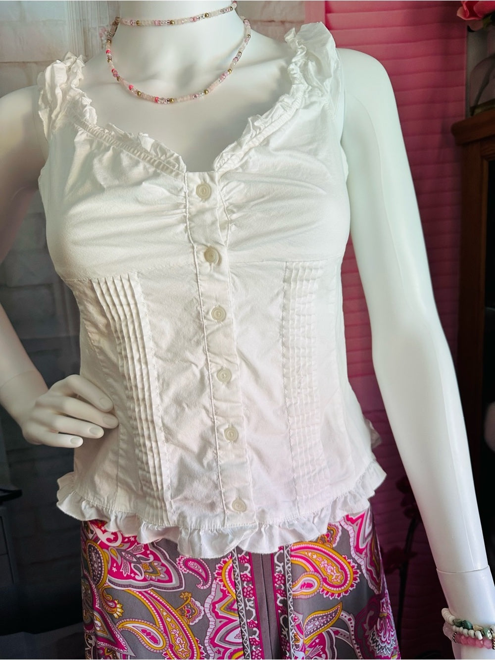 White Ruffle Button-Front Tank Top