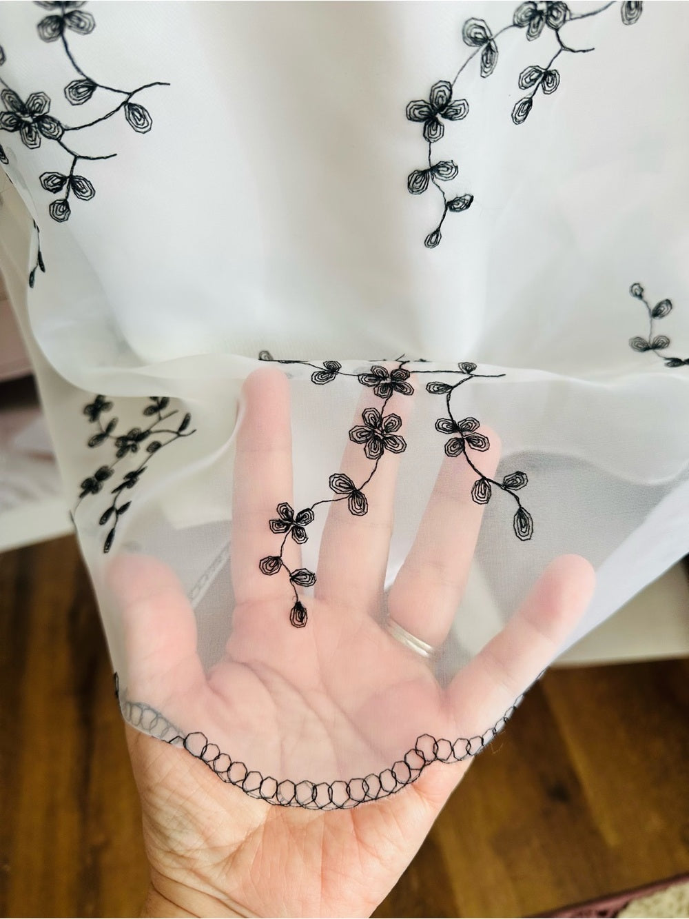 Jessica McClintock White Strapless Dress with Black Floral Embroidery