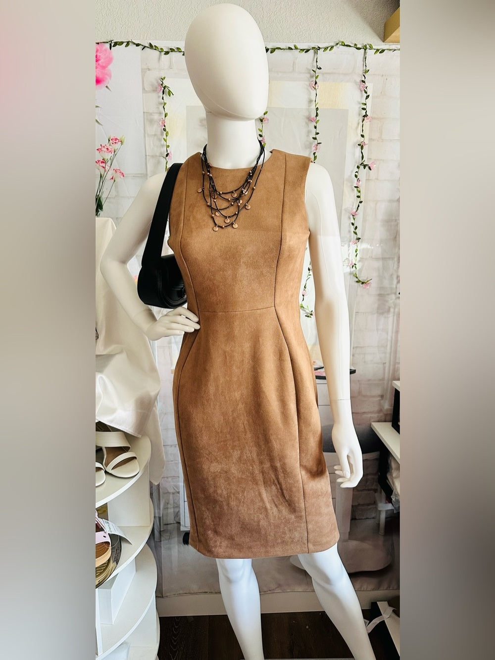 Calvin Klein Faux Suede Sheath Dress Camel Tan Sleeveless