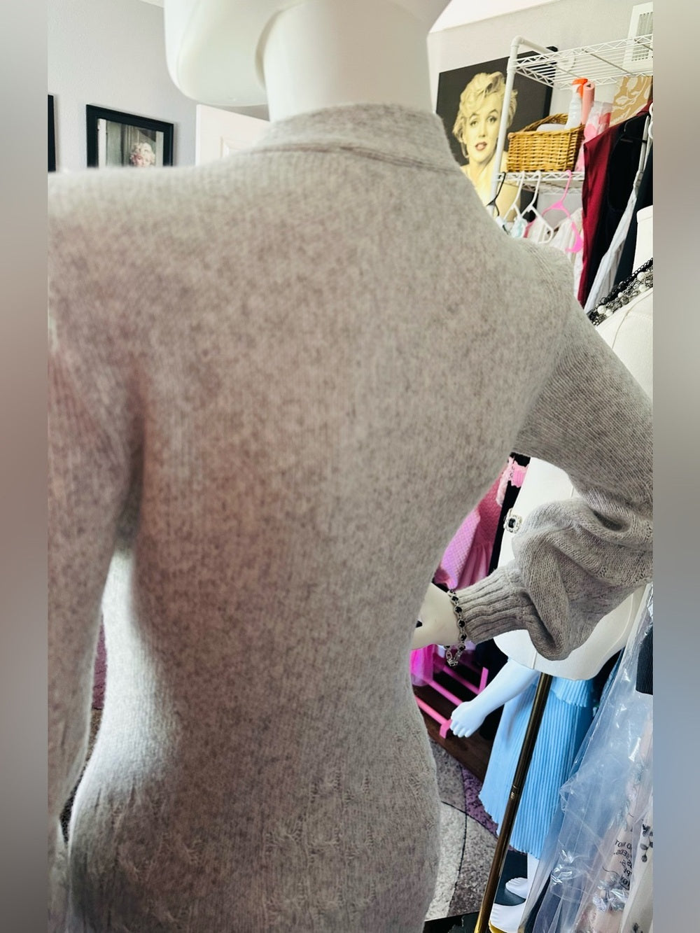 Calvin Klein Cream Tie-Neck Cable Knit Long Sleeve Dress