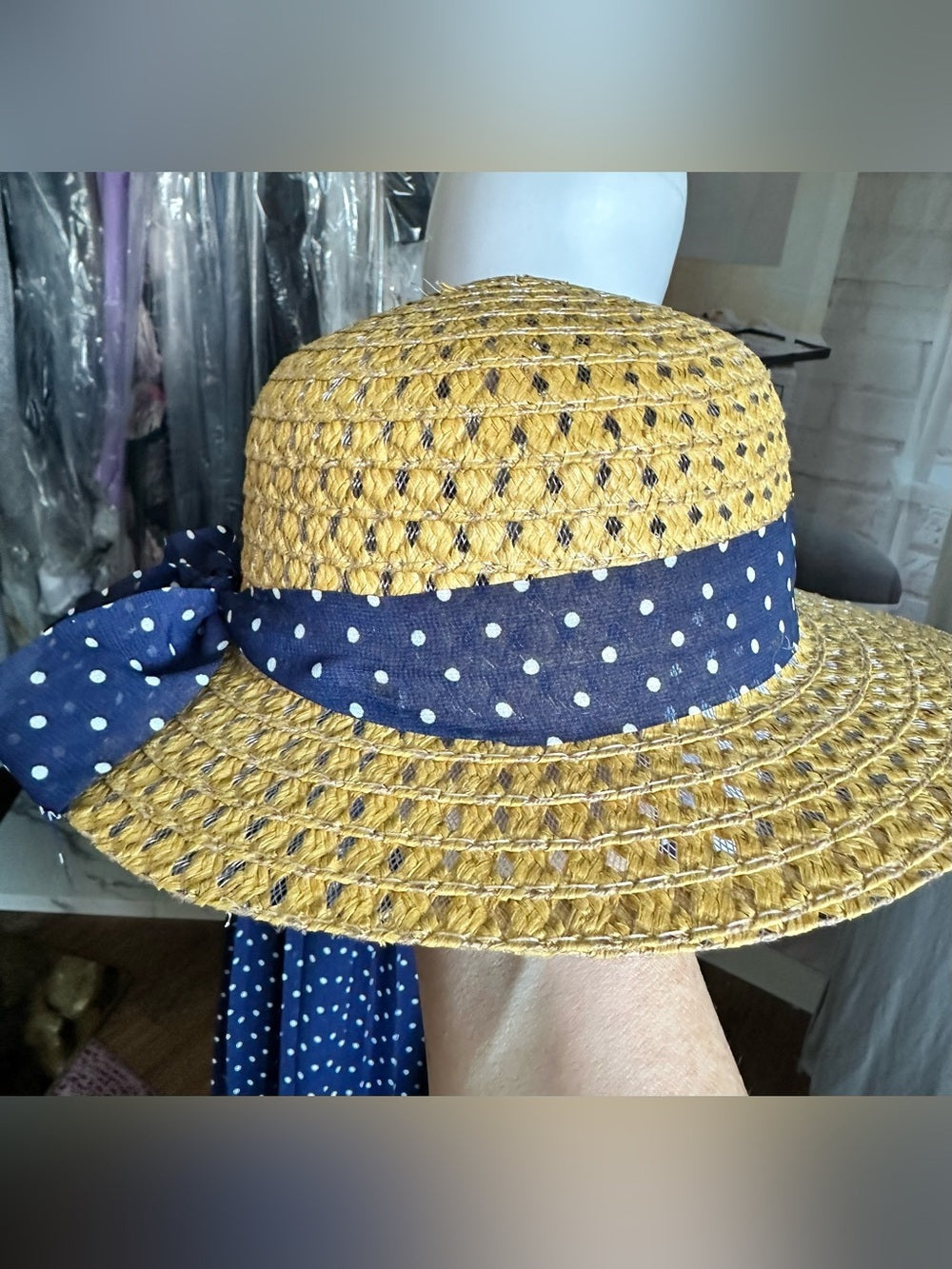 Blueberi Boulevard Girls Navy Polka Dot Dress & Matching Sun Hat Set