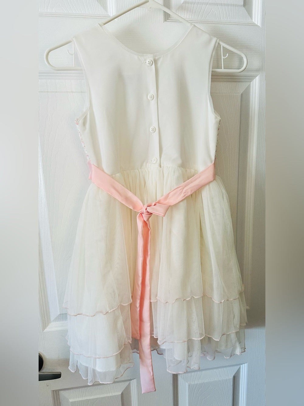 Jona Michelle Pink Sequin Bodice Ivory Tulle Dress with Bow