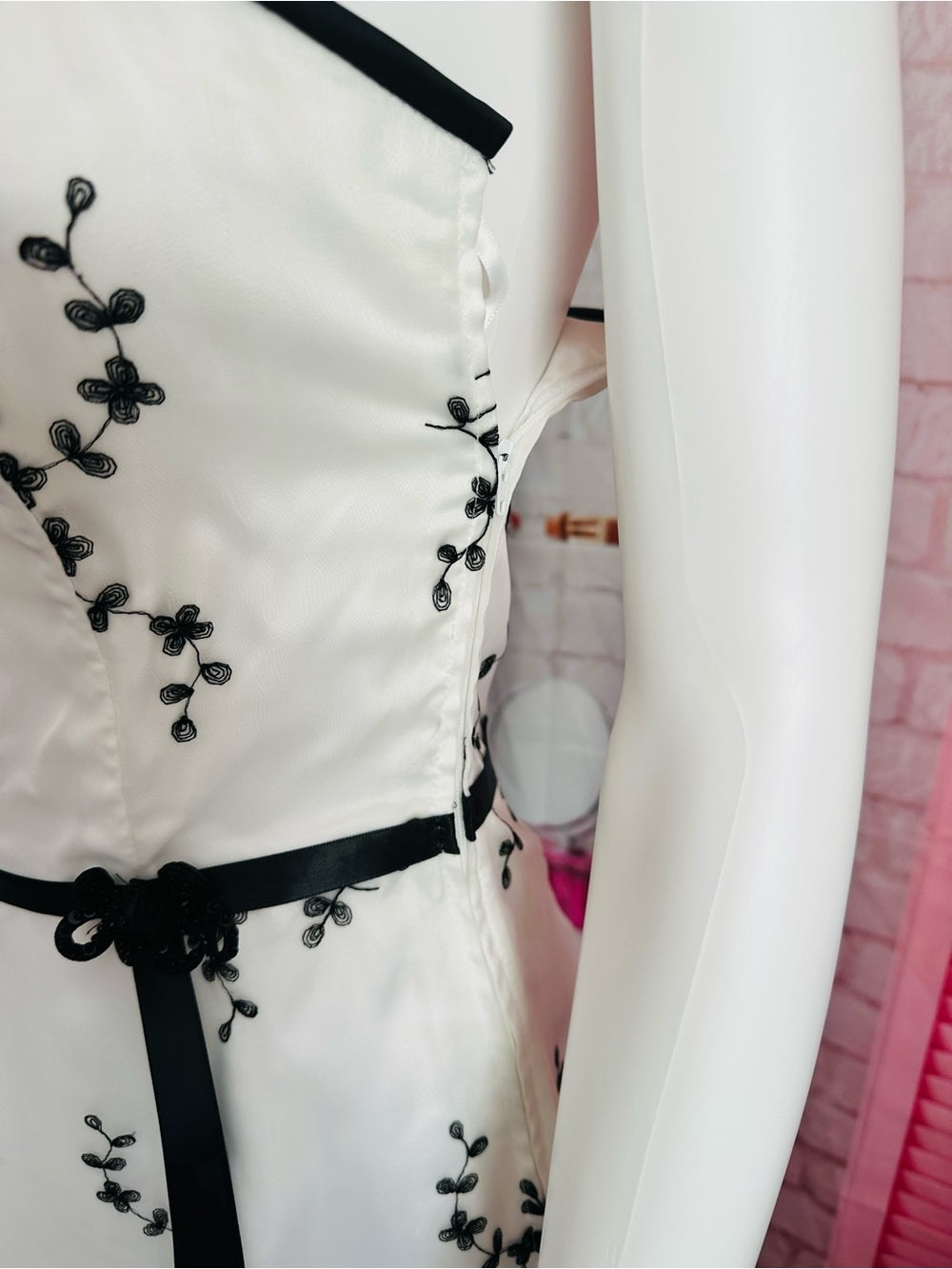 Jessica McClintock White Strapless Dress with Black Floral Embroidery