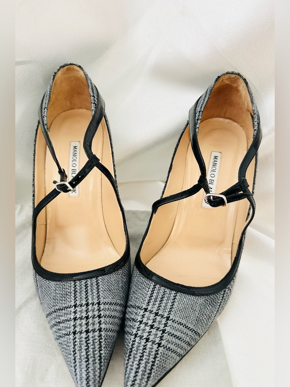 Authentic Manolo Blahnik “Mistery” Plaid T-Strap Pointed Toe Pumps