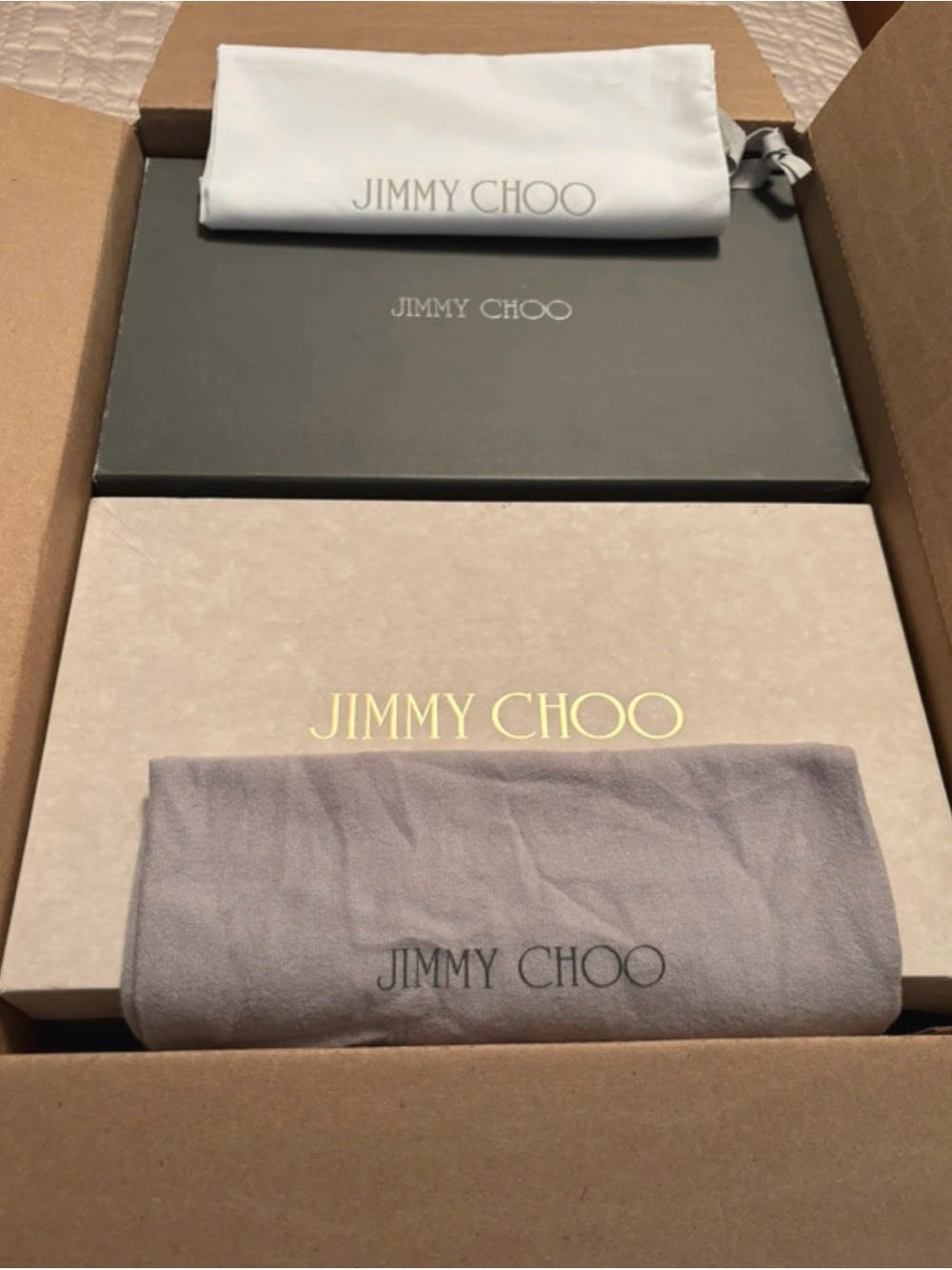 Jimmy Choo Neutral Tone Shoe Boxes with Branded Dust Bags