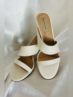 Saks Fifth Avenue Ivory Ribbed Strap Block Heel Mule Sandals