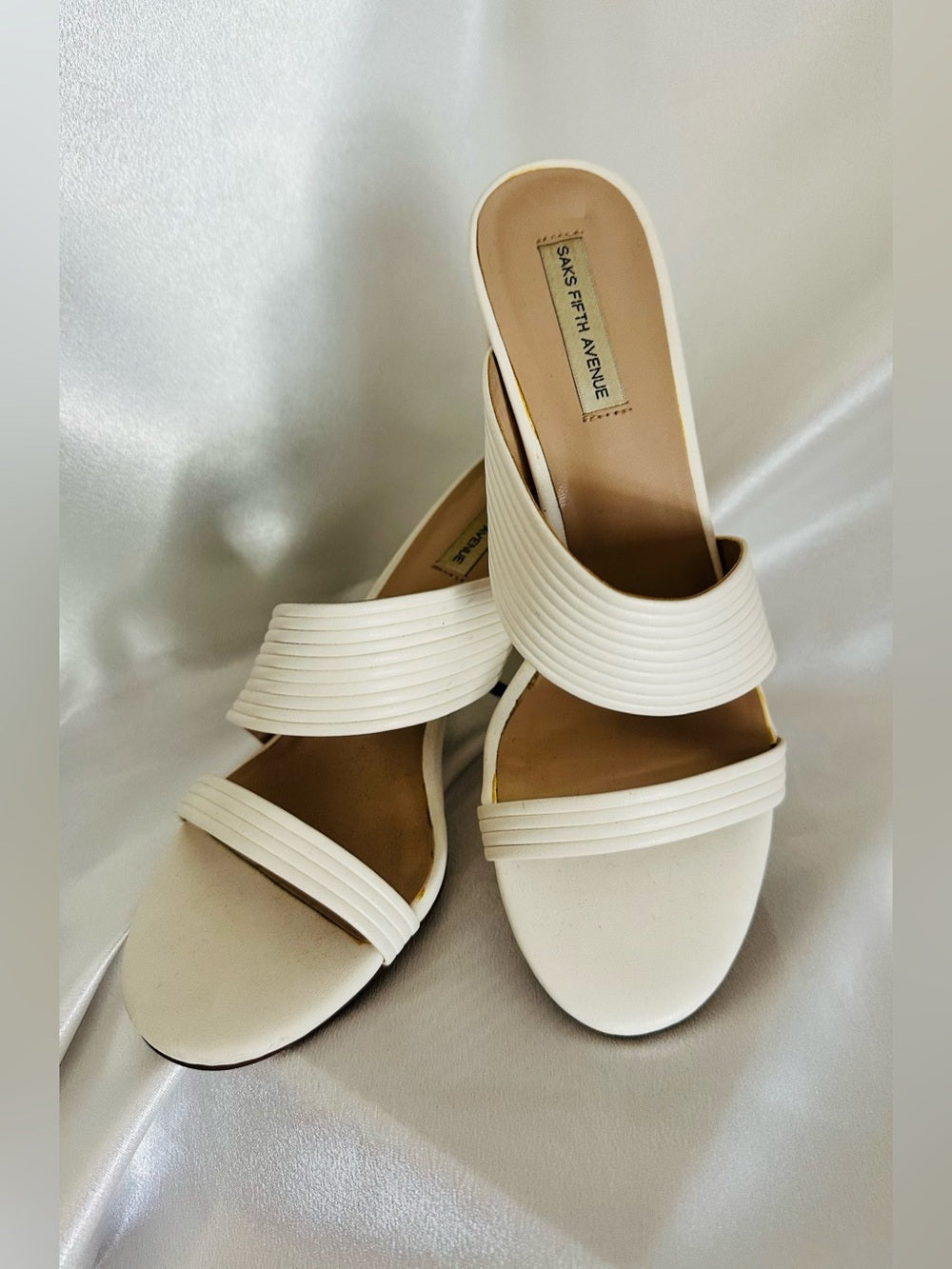 Saks Fifth Avenue Ivory Ribbed Strap Block Heel Mule Sandals