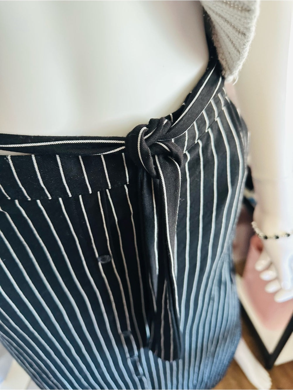 Reserved Black White Pinstripe Belted Button Front Midi Skirt EU 34