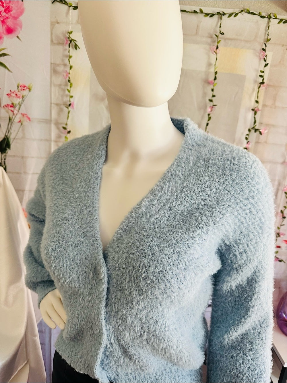 No Boundaries Blue Fuzzy Button Front Cropped Cardigan