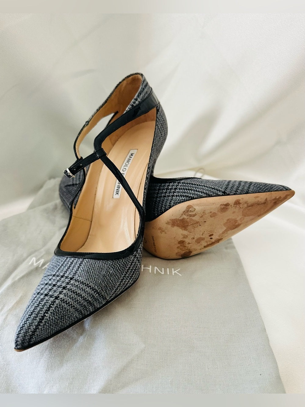 Authentic Manolo Blahnik “Mistery” Plaid T-Strap Pointed Toe Pumps