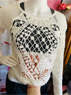 Ella Moss White Open Knit Crochet Boho Long Sleeve Sweater