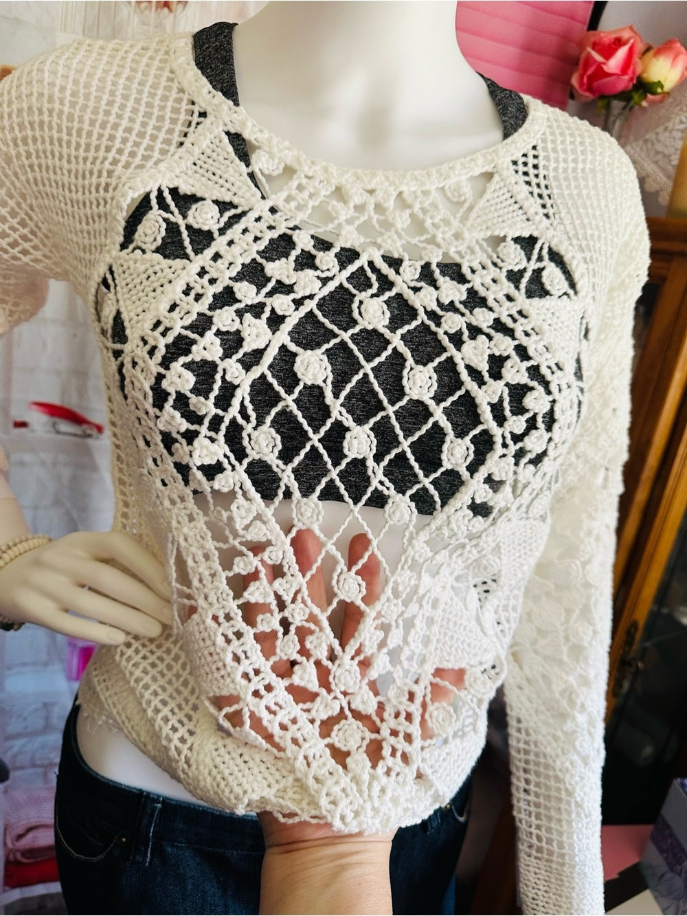 Ella Moss White Open Knit Crochet Boho Long Sleeve Sweater