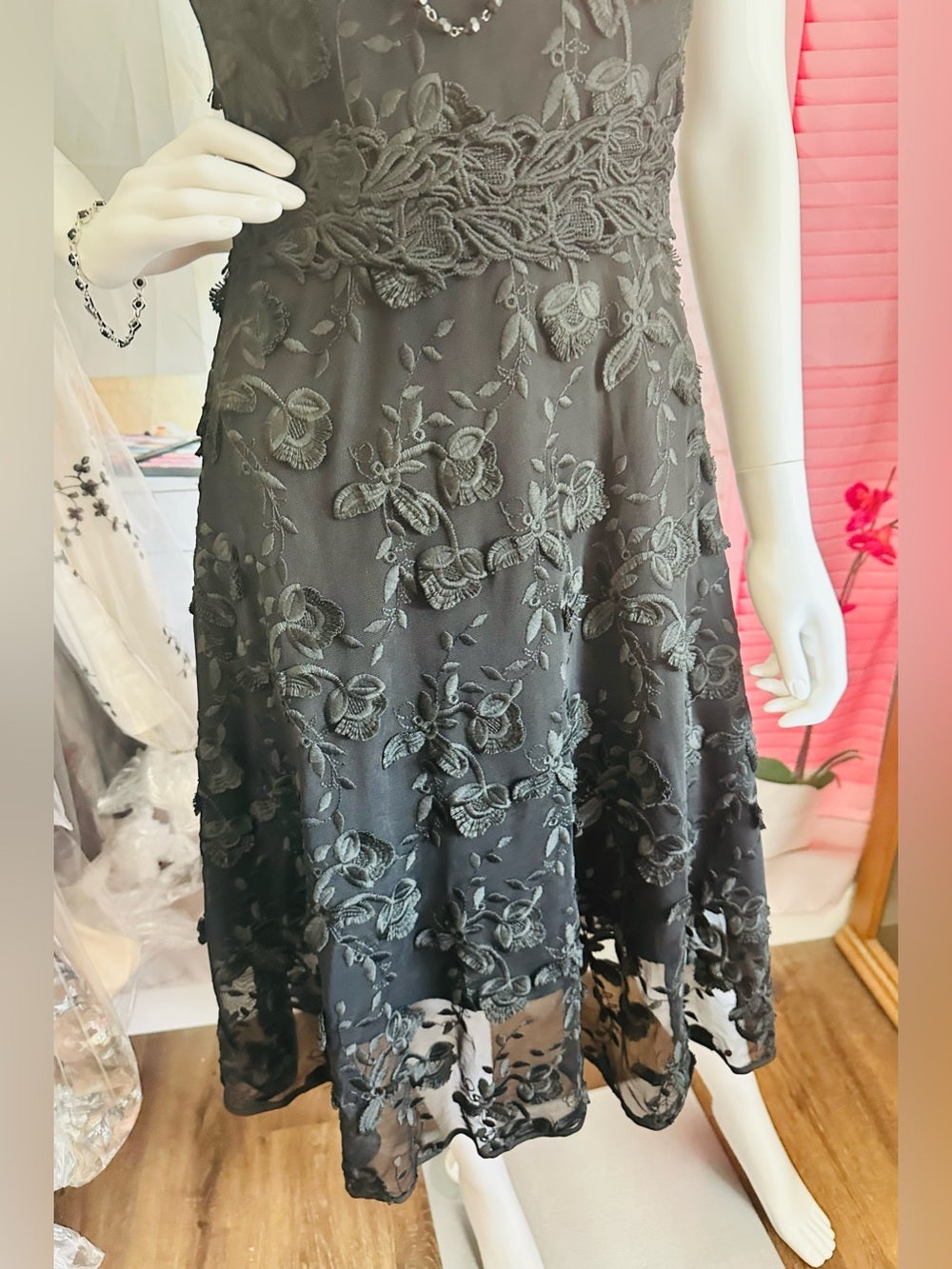 Black Floral Embroidered Mesh Fit & Flare Dress