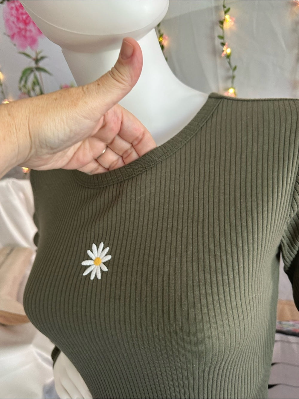 wild fable Olive Ribbed Long Sleeve Bodycon Dress with Daisy Patch