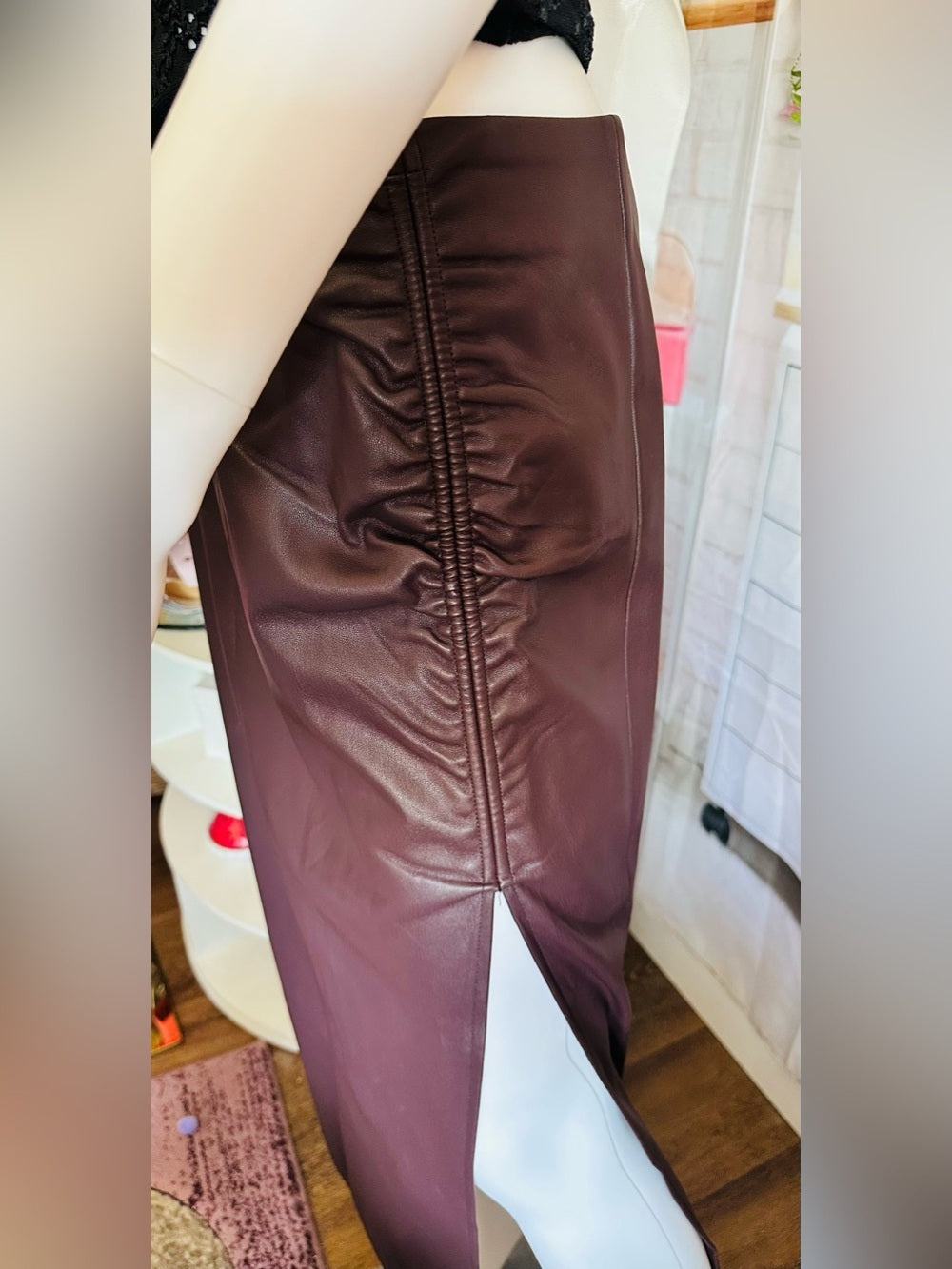 Topshop Side Ruched Faux Leather Midi Skirt