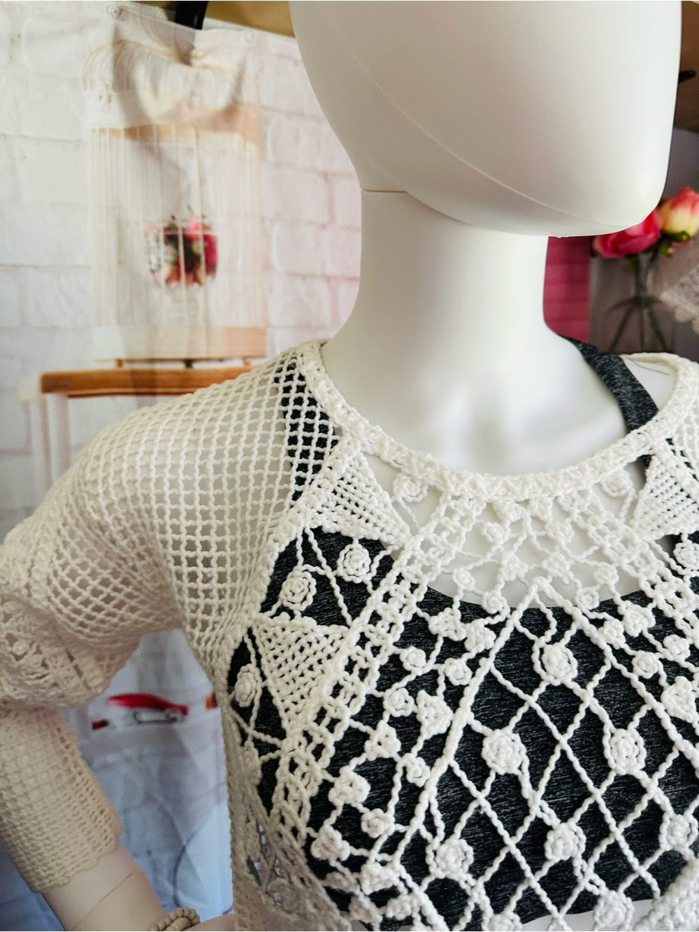 Ella Moss White Open Knit Crochet Boho Long Sleeve Sweater