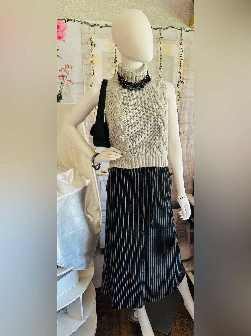 Reserved Black White Pinstripe Belted Button Front Midi Skirt EU 34