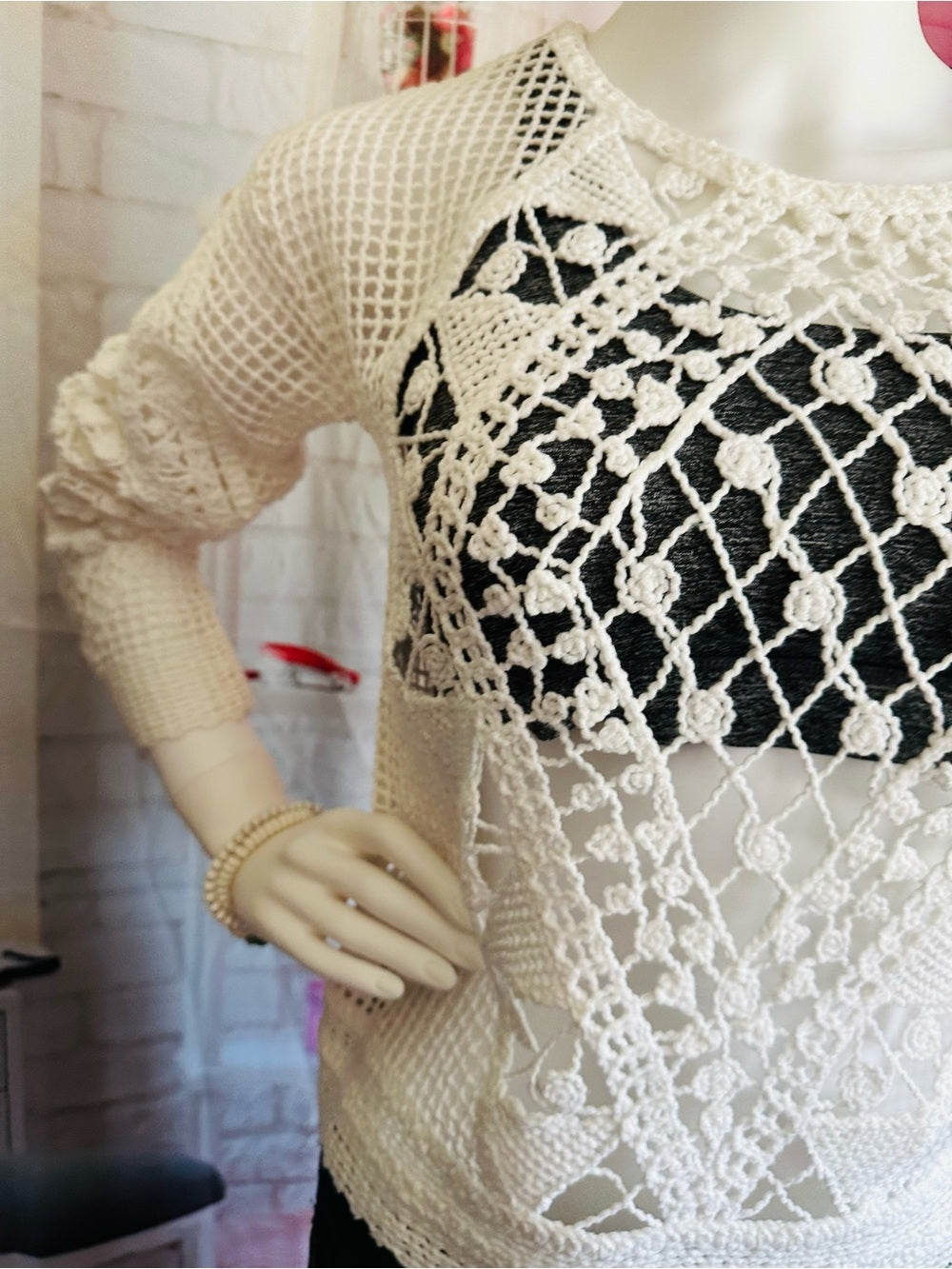 Ella Moss White Open Knit Crochet Boho Long Sleeve Sweater