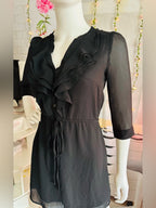 H&M Black Ruffle Tunic Mini Dress Sheer Sleeve Tie Waist