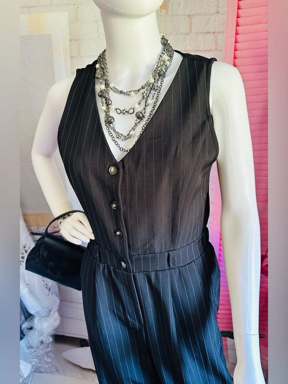 Monteau Black Pinstripe Sleeveless Wide Leg Jumpsuit