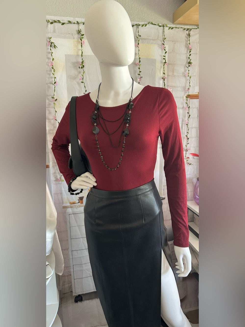 Forever 21 Long-Sleeve Burgundy Scoop Neck Bodysuit