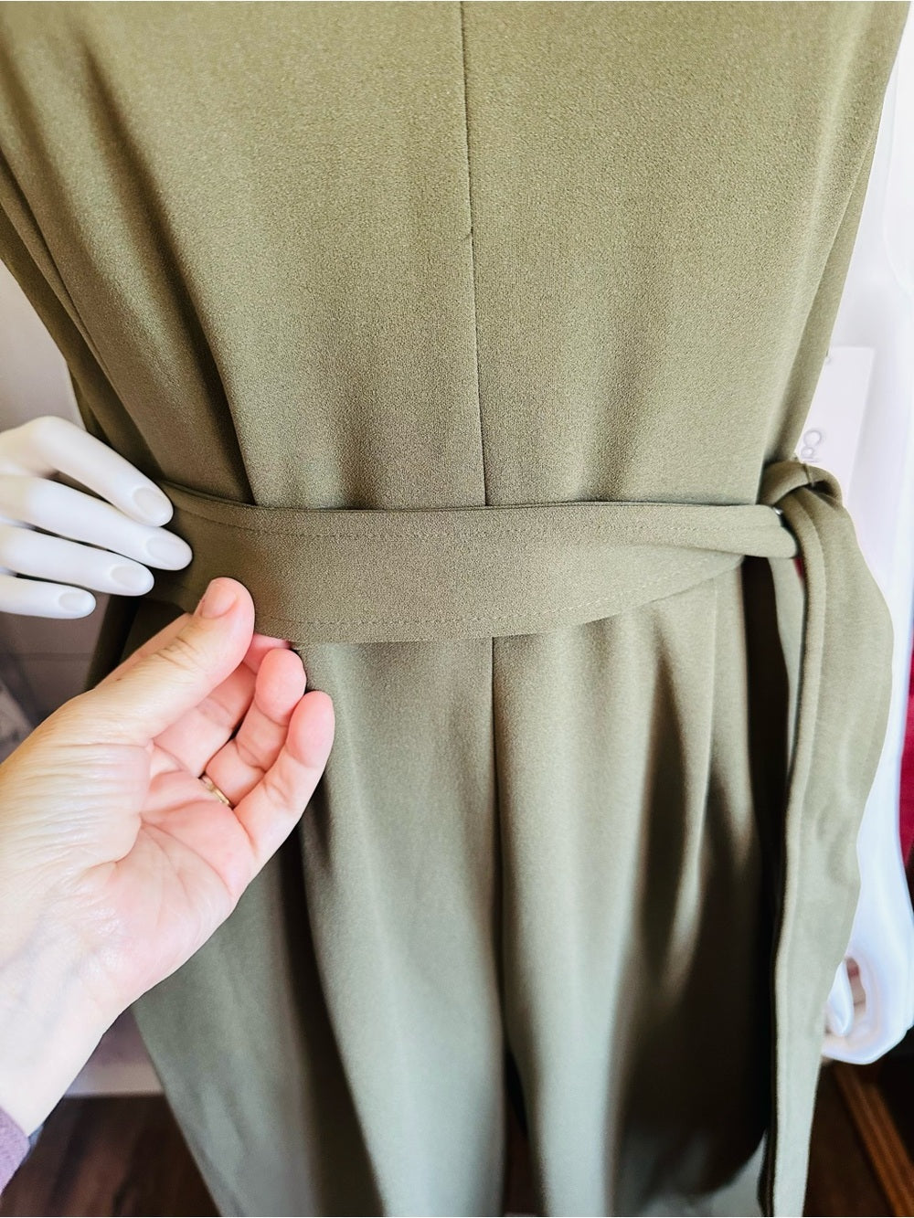 Calvin Klein Olive Green Ruffle Wide Leg Belted Jumpsuit