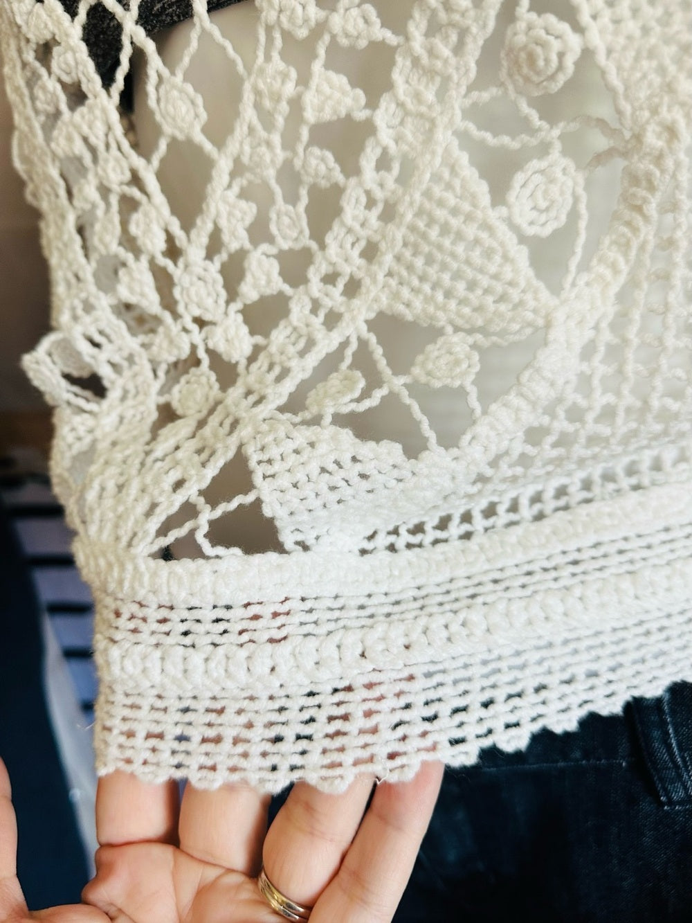 Ella Moss White Open Knit Crochet Boho Long Sleeve Sweater