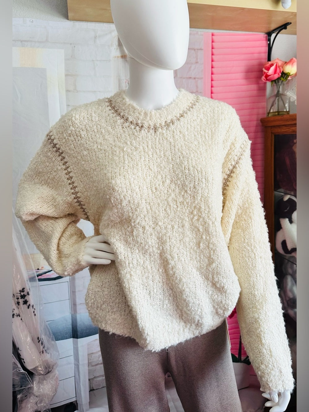 Z Supply Romnie Sweater Cream Textured Whipstitch Cozy Knit