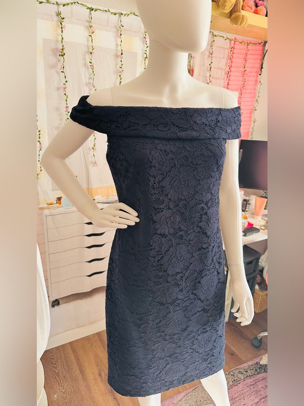 Lauren Ralph Lauren Navy Lace Off Shoulder Sheath Dress