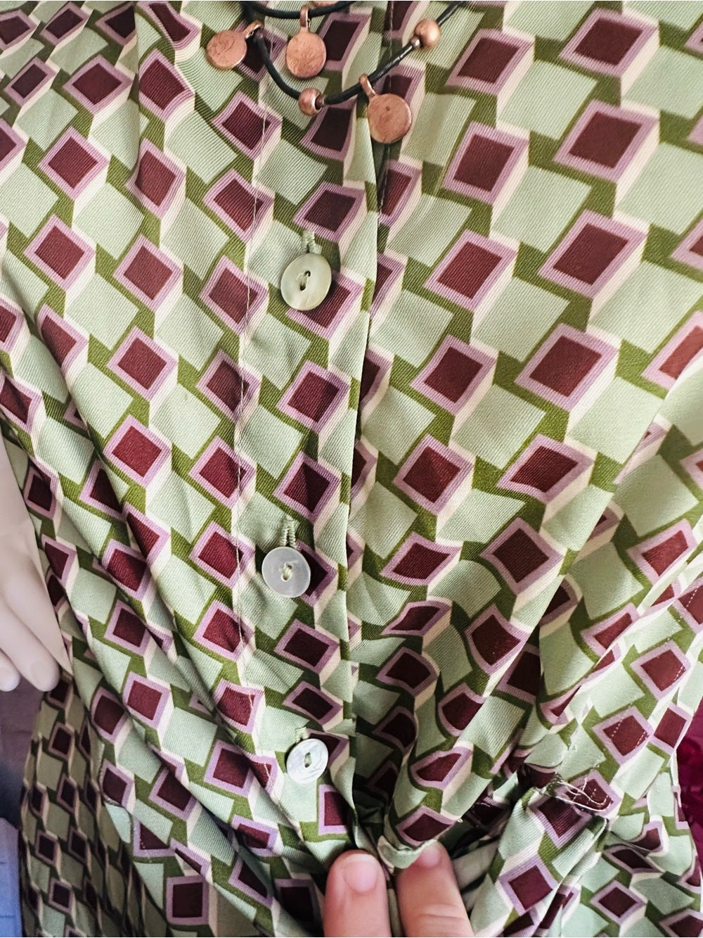 Mango Retro Green & Brown Geometric Mini Dress