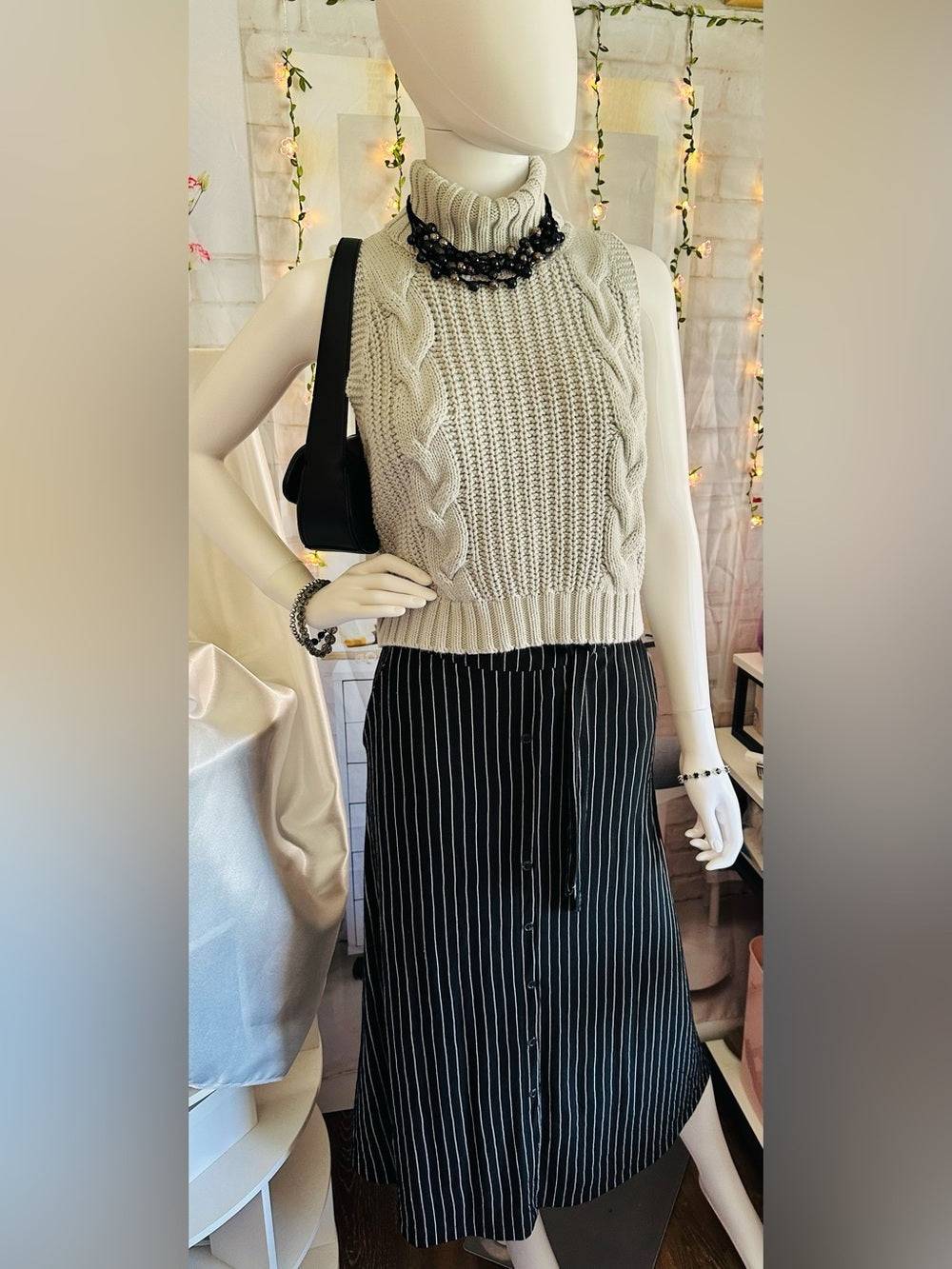 Reserved Black White Pinstripe Belted Button Front Midi Skirt EU 34