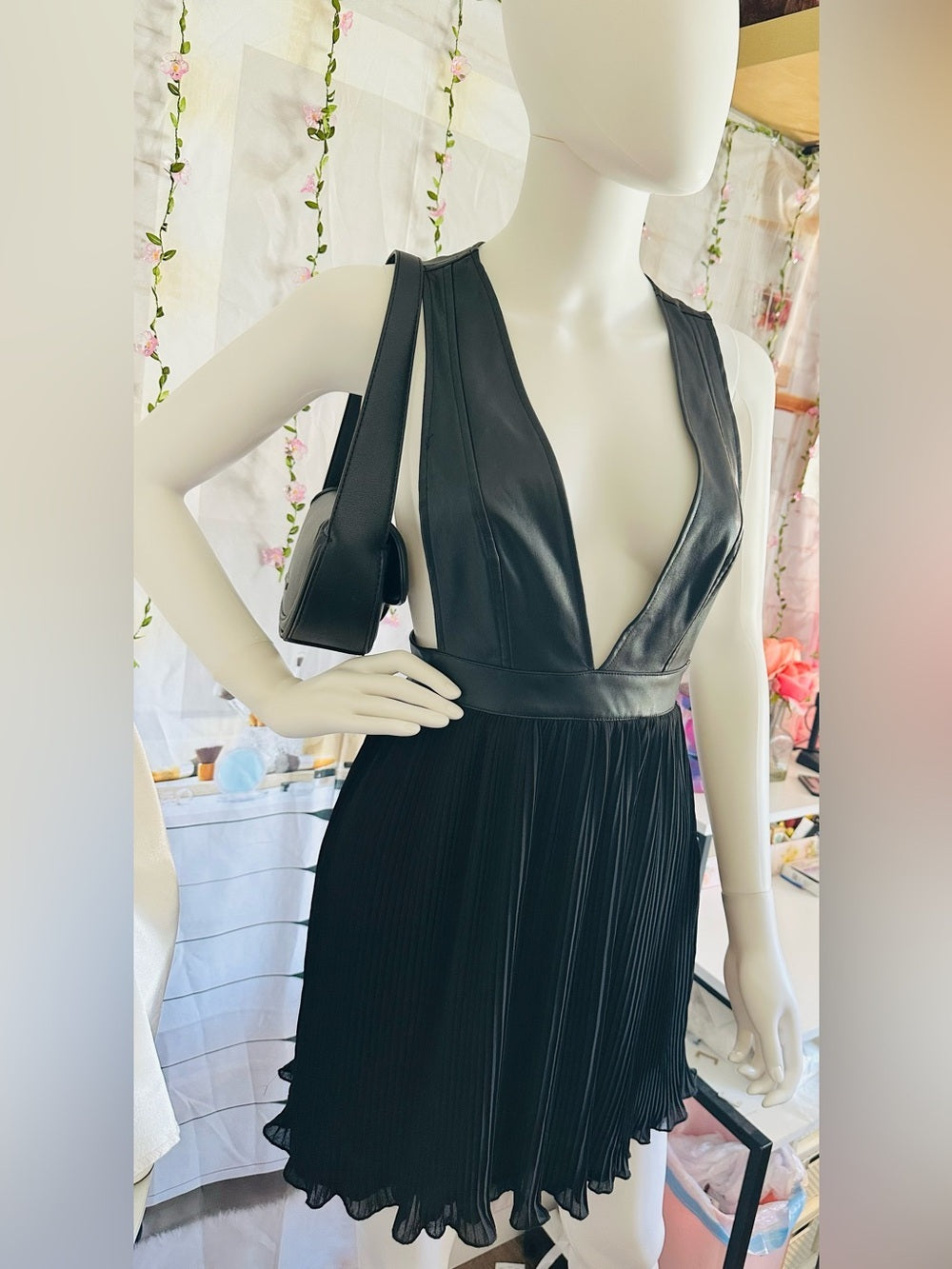 Forever 21 Black Faux Leather Plunge Pleated Mini Dress
