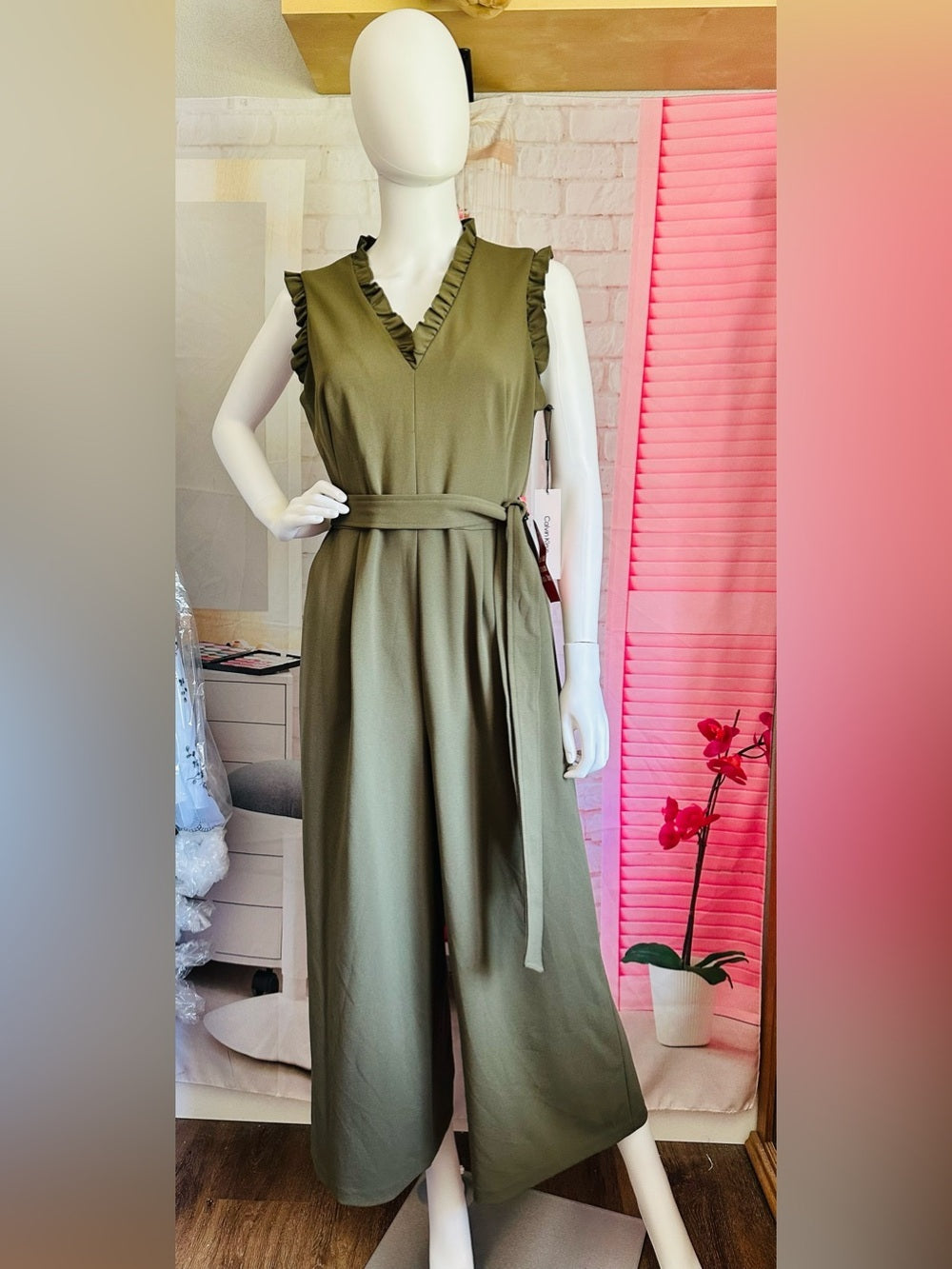 Calvin Klein Olive Green Ruffle Wide Leg Belted Jumpsuit