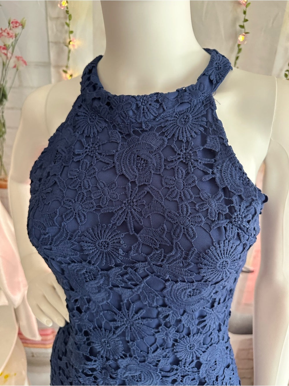 Nalati Navy Blue Guipure Floral Lace Halter Mini Dress