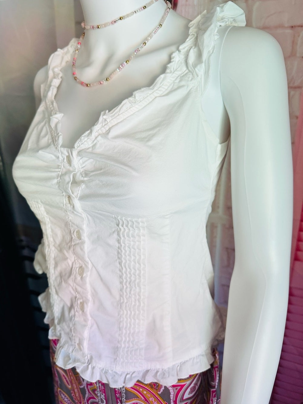 White Ruffle Button-Front Tank Top
