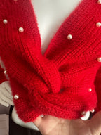 No Boundaries Red Fuzzy Pearl Embellished Twist Front Sweater