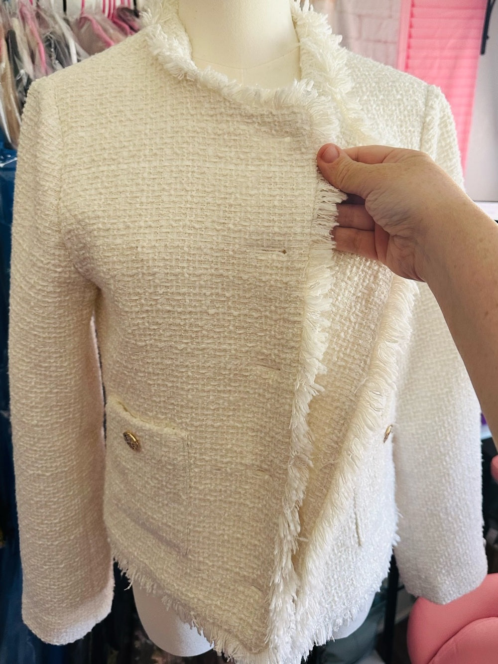 Rachel Zoe Ivory Tweed Fringe Gold Button Blazer