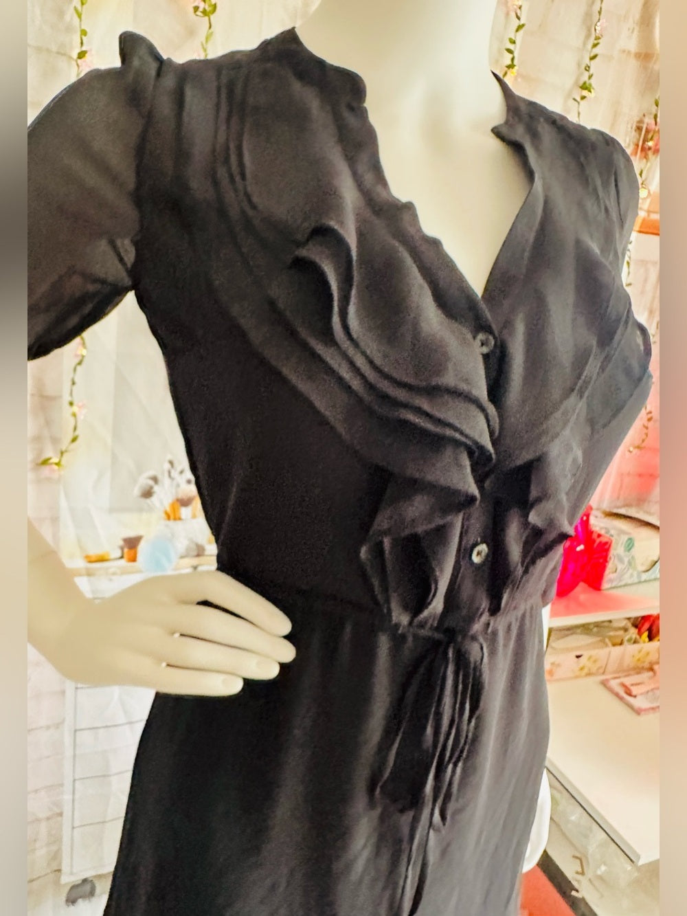 H&M Black Ruffle Tunic Mini Dress Sheer Sleeve Tie Waist