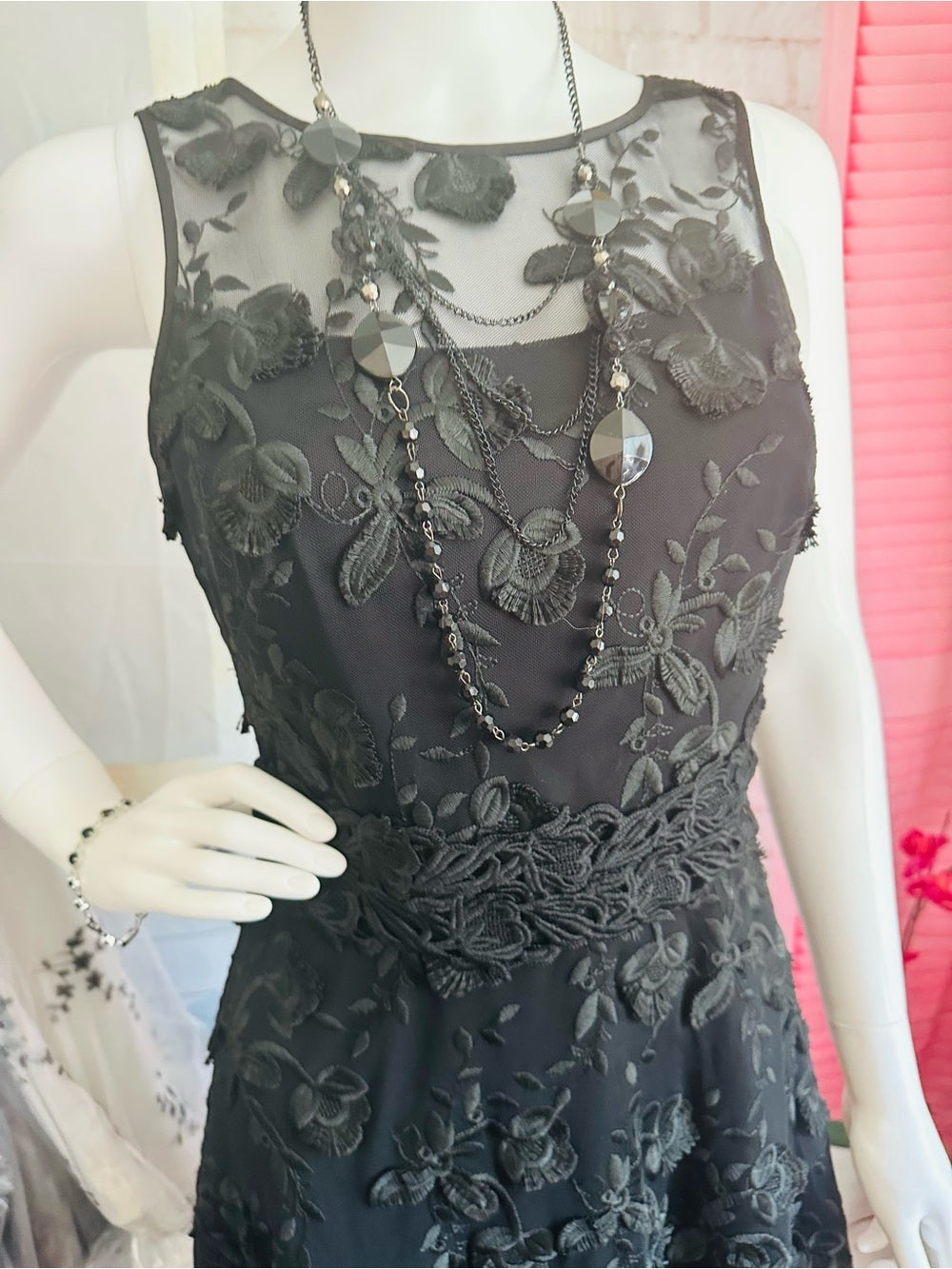 Black Floral Embroidered Mesh Fit & Flare Dress