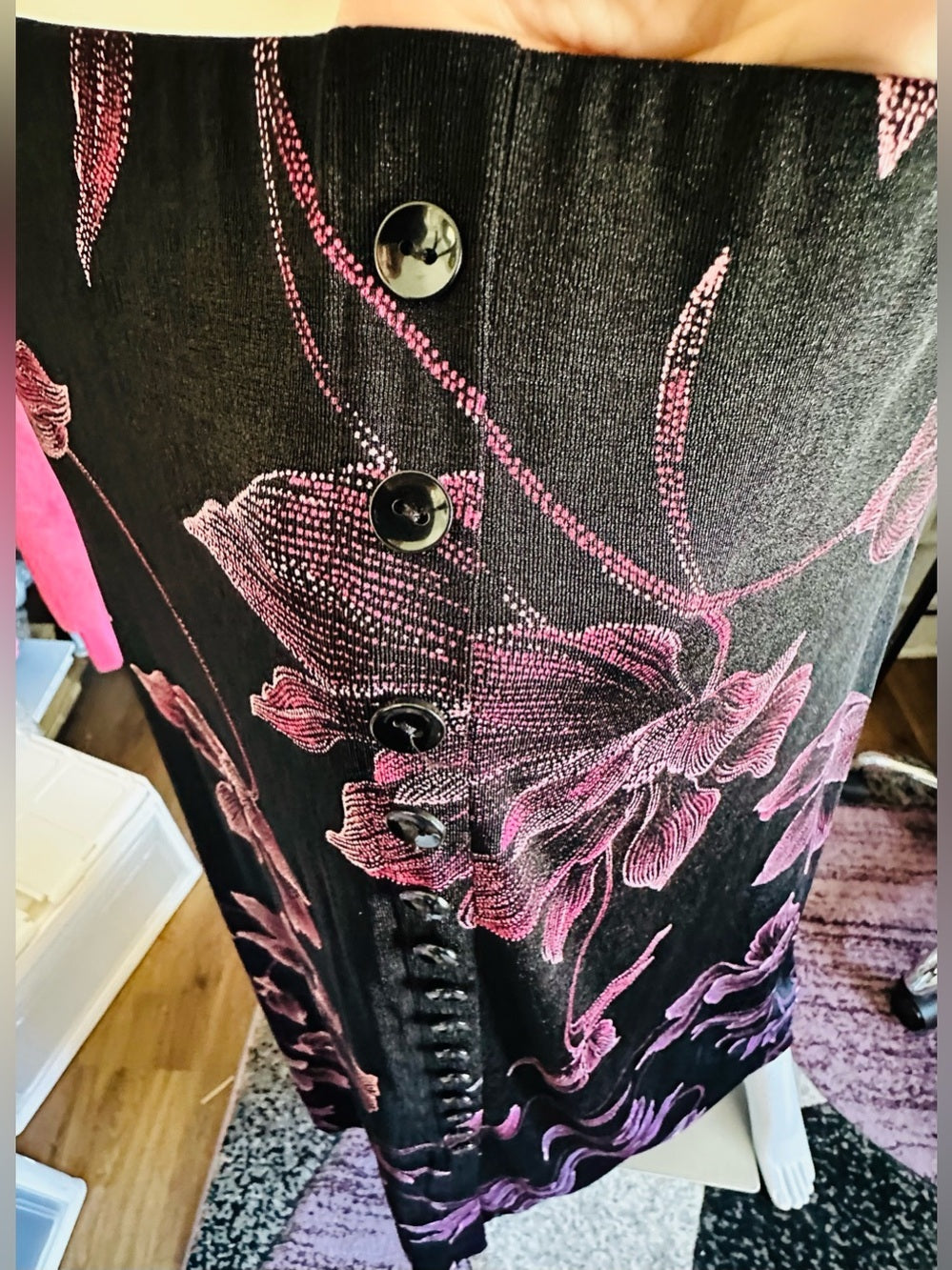 Briggs New York Black Pink Floral Button Front Maxi Skirt